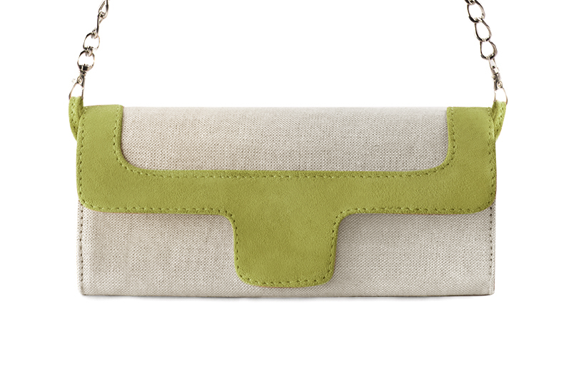 Women's natural beige and pistachio green luxurious elegant clutch for ceremonies, weddings and evenings out. - Profile view
